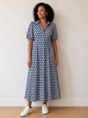 DVF Silk Midi Day Dress Blue Happy Floral Pattern Button Front Collared Flowy